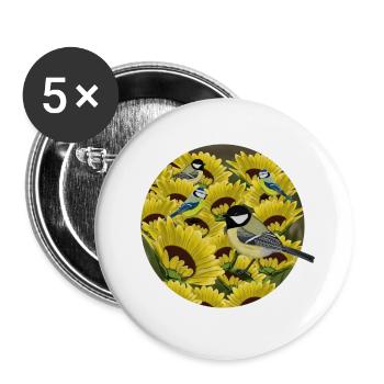 Vogelmotiv Meisen sitzen auf Sonnenblumen - Buttons groß 56 mm (5er Pack) - Weiß - Vorne