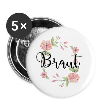 Braut Bride to be Blumenkranz Blumen Verlobung JGA - Buttons groß 56 mm (5er Pack) - Weiß - Vorne