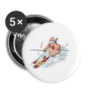 Schwein auf Skiern in der Kurve - Buttons groß 56 mm (5er Pack) - Weiß - Vorne