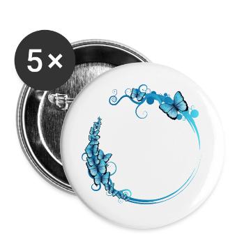 blauer Schmetterlings Rahmen für eigene Texte - Buttons groß 56 mm (5er Pack) - Weiß - Vorne