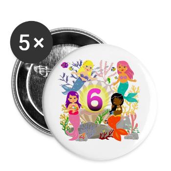 6. Geburtstag Mädchen Meerjungfrau ich bin 6 Jahre - Buttons groß 56 mm (5er Pack) - Weiß - Vorne