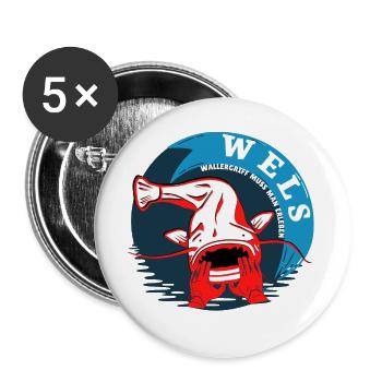 Angeln Wels WALLERGRIFF MUSS MANN ERLEBEN - Buttons groß 56 mm (5er Pack) - Weiß - Vorne