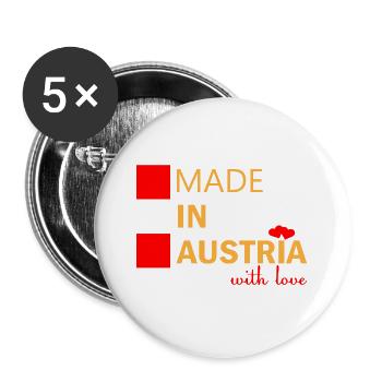 Made in Austria with love Geschenk Österreich - Buttons groß 56 mm (5er Pack) - Weiß - Vorne