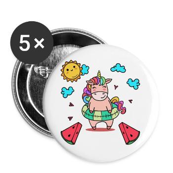 Einhorn Urlaub Schwimmreifen Meer Strand Sommer - Buttons groß 56 mm (5er Pack) - Weiß - Vorne