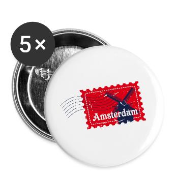 Badge de timbre souvenir voyage Amsterdam Pays-Bas - Lot de 5 grands badges (56 mm) - blanc - Devant