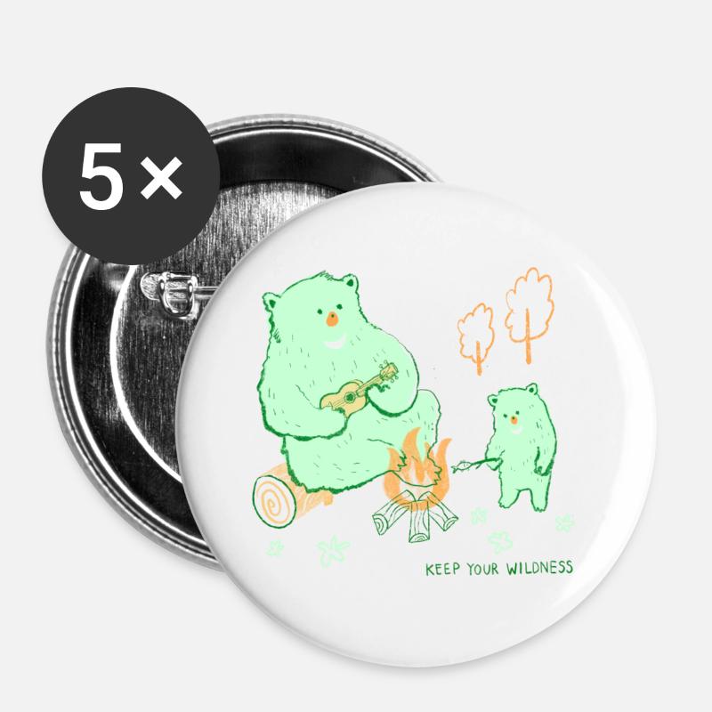 Campingbären mit Ukulele - Buttons groß 56 mm (5er Pack) - Weiß