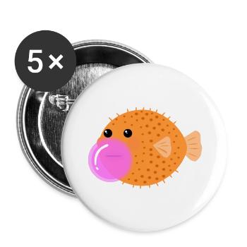 Kugelfisch Kaugummi Kinder lustige Geschenkidee - Buttons groß 56 mm (5er Pack) - Weiß - Vorne