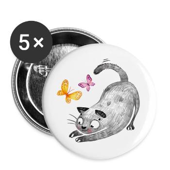 Katzenspiel mit Schmetterlingen - Buttons groß 56 mm (5er Pack) - Weiß - Vorne