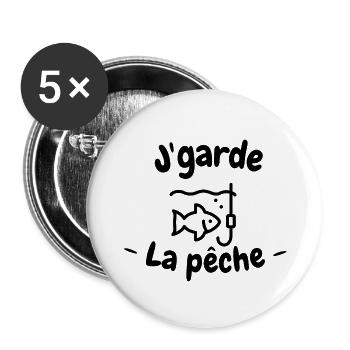 Cadeau 'Garde la pêche !', pour les Pêcheurs - Lot de 5 grands badges (56 mm) - blanc - Devant