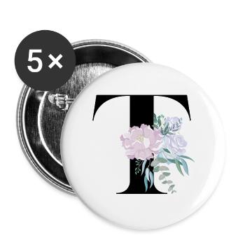 lettre T fleuris - Lot de 5 grands badges (56 mm) - blanc - Devant
