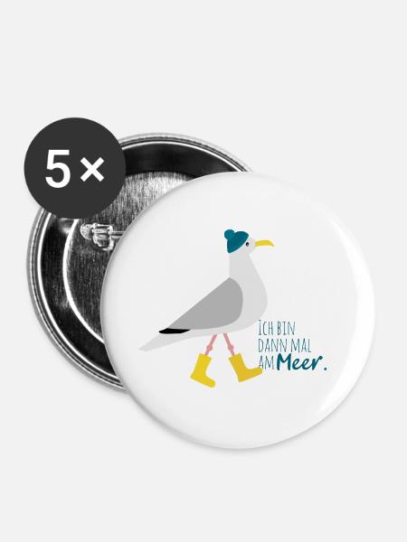 Ich bin dann mal am Meer | Möwe - Buttons groß 56 mm (5er Pack) - Weiß