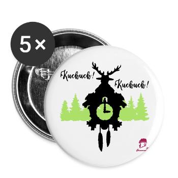 Kuckuck...Kuckuck... Kuckucksuhr mit Hirschgeweih - Buttons groß 56 mm (5er Pack) - Weiß - Vorne