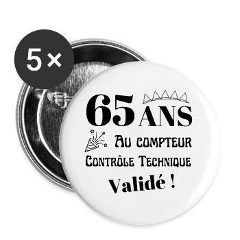 65 ans au compteur, cadeau anniversaire homme - Lot de 5 grands badges (56 mm) - blanc - Devant