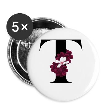 lettre T fleuris - Lot de 5 grands badges (56 mm) - blanc - Devant