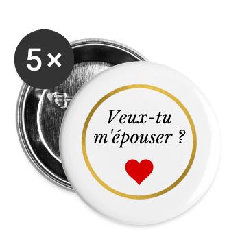 veux tu m'épouser ? - coeur rouge et anneau - Lot de 5 grands badges (56 mm) - blanc - Devant