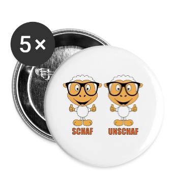 SCHAF - UNSCHAF - BRILLE - SEHTEST - OPTIKER - FUN - Buttons groß 56 mm (5er Pack) - Weiß - Vorne