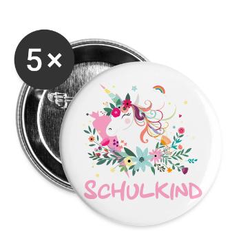Schulkind Geschenk Einhorn mit Schultüte - Buttons groß 56 mm (5er Pack) - Weiß - Vorne