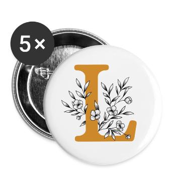 Lettre prénom « L » moutarde - Lot de 5 grands badges (56 mm) - blanc - Devant