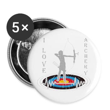 Frau mit Bogen auf Zielscheibe mit Herzmotivation - Buttons groß 56 mm (5er Pack) - Weiß - Vorne