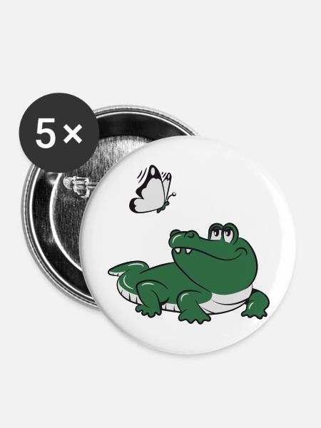 Krokodil Reptil Schmettering - Buttons groß 56 mm (5er Pack) - Weiß