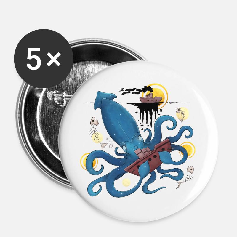 Blue Ink Spirits - Kraken Abyssal Giant Squid - Buttons large 2.2''/56 mm (5-pack) - white