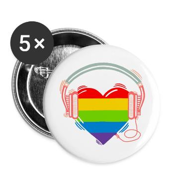 Regenbogenherz mit Kopfhörer cool Street Art - Buttons groß 56 mm (5er Pack) - Weiß - Vorne