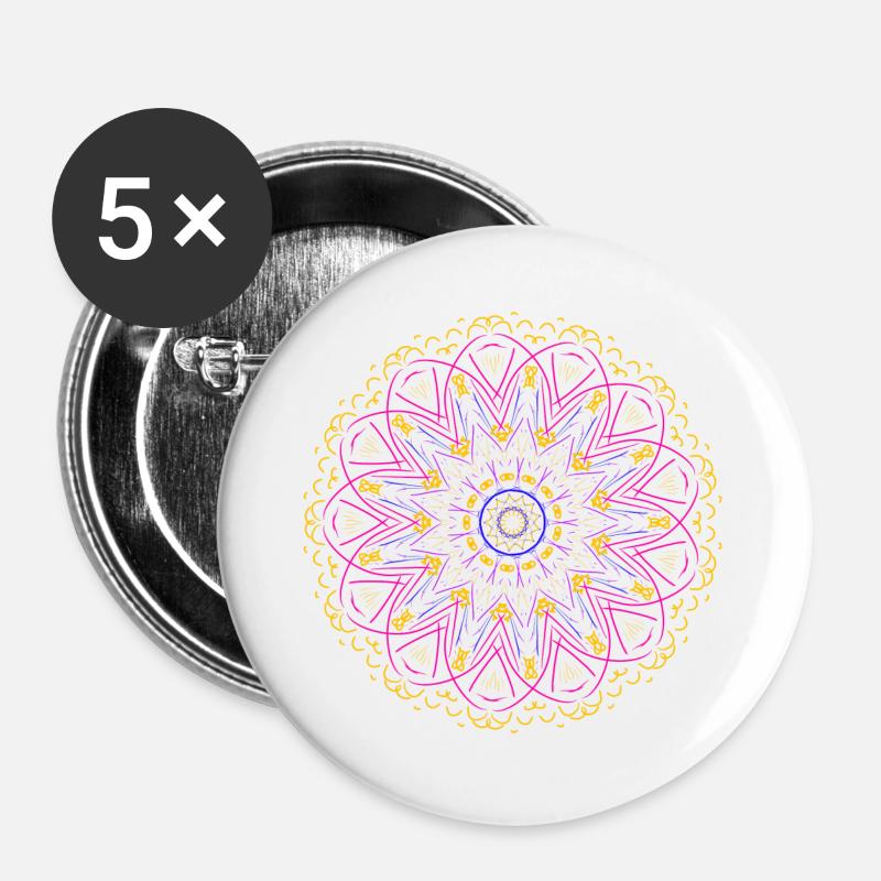 Leuchtendes Mandala in Neonfarben - Buttons groß 56 mm (5er Pack) - Weiß