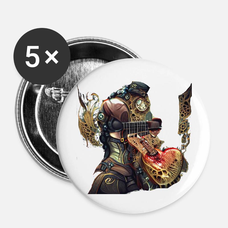 robot guitare steampunk - Lot de 5 grands badges (56 mm) - blanc