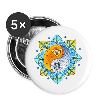 Katze Hund niedlich Yin Yang Symbol Mandala - Buttons groß 56 mm (5er Pack) - Weiß - Vorne