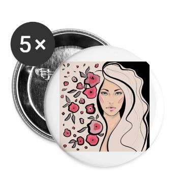 Visage de femme aux cheveux ouverts et aux fleurs - Lot de 5 grands badges (56 mm) - blanc - Devant