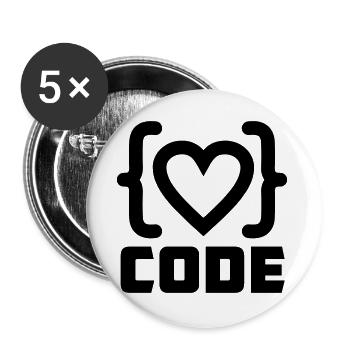 Herzprogrammierer Code Logo mit Text CODE - Buttons groß 56 mm (5er Pack) - Weiß - Vorne