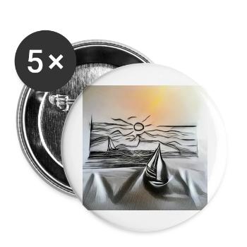 Zeichnung eines Segelbootes bei Sonnenuntergang über dem Meer - Buttons groß 56 mm (5er Pack) - Weiß - Vorne