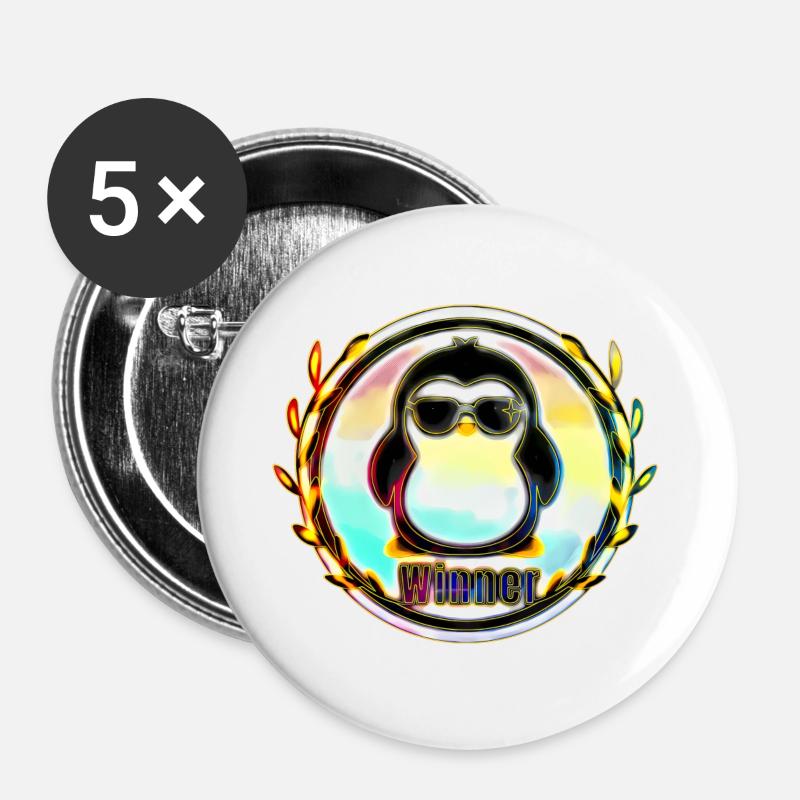Sieger Pinguin Abzeichen - Buttons groß 56 mm (5er Pack) - Weiß
