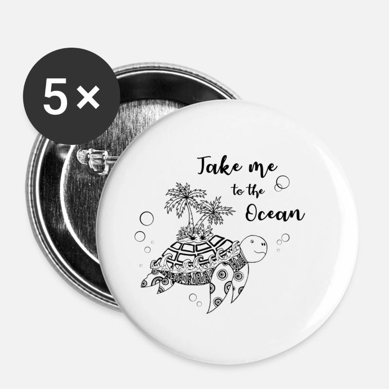 "Take me to the Ocean" - Turtle with island - Buttons large 2.2''/56 mm (5-pack) - white