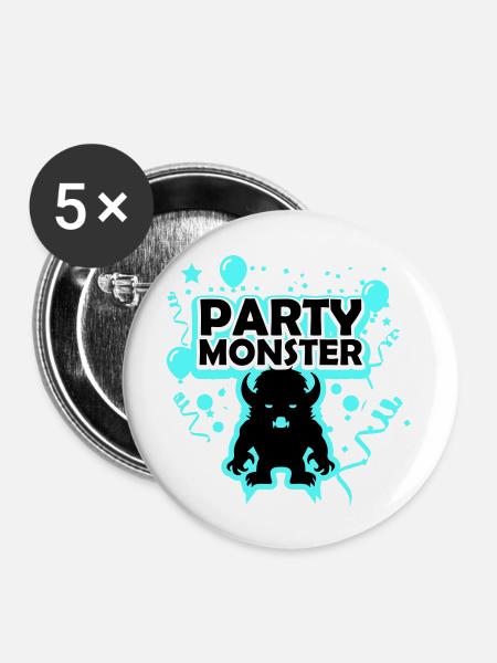 Partymonster hellblau - Buttons groß 56 mm (5er Pack) - Weiß
