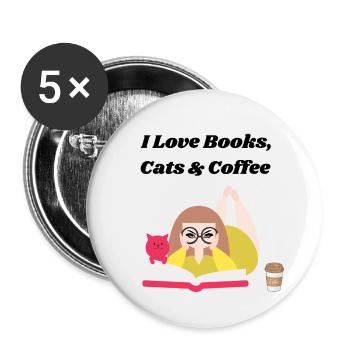 I love books, coffee and cats - Buttons large 2.2''/56 mm (5-pack) - white - Front