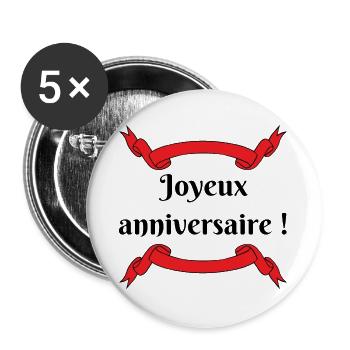 Joyeux Anniversaire, rubans rouges, fête - Lot de 5 grands badges (56 mm) - blanc - Devant