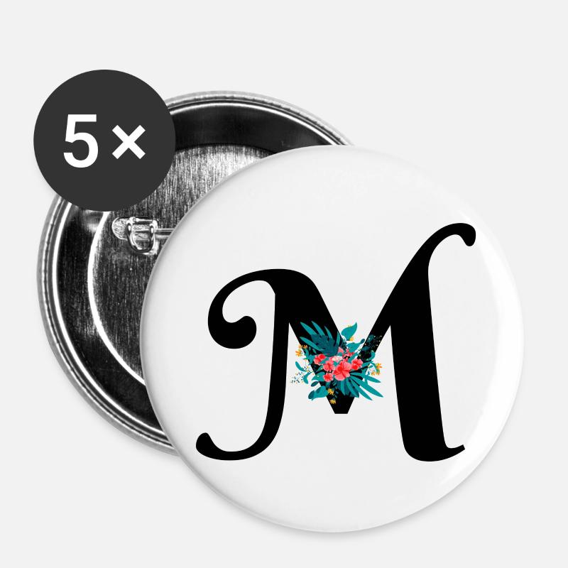 Buchstabe M geblümt - Buttons groß 56 mm (5er Pack) - Weiß