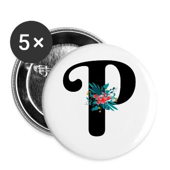 Buchstabe P blumig - Buttons groß 56 mm (5er Pack) - Weiß - Vorne