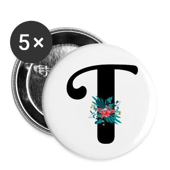 lettre T fleuris - Lot de 5 grands badges (56 mm) - blanc - Devant