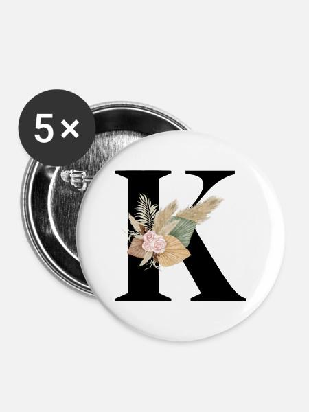 blumiger Buchstabe K - Buttons groß 56 mm (5er Pack) - Weiß