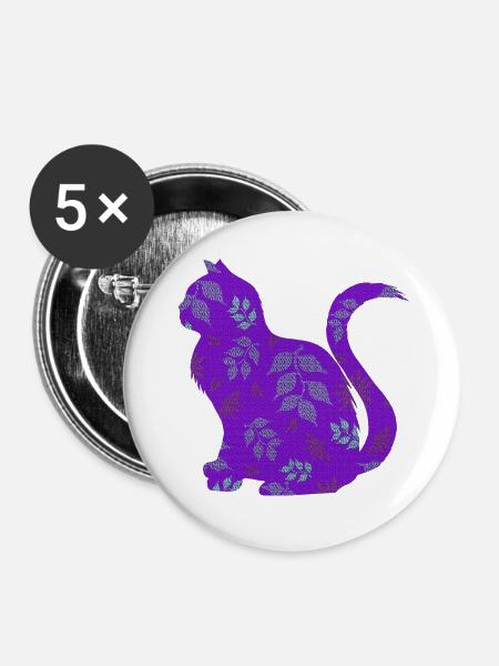 sitzende katze, gemustert, Blumen Outfits - Buttons groß 56 mm (5er Pack) - Weiß