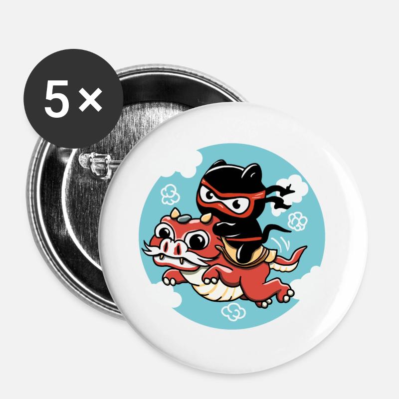 Kawaii Ninja cat riding a red dragon - Buttons large 2.2''/56 mm (5-pack) - white