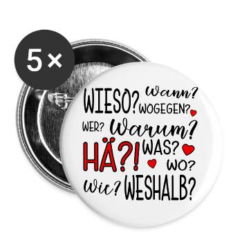 FRAGEWÖRTER - DEUTSCHLEHRER - W-FRAGEN - LUSTIG - Buttons groß 56 mm (5er Pack) - Weiß - Vorne