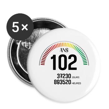 Anniversaire 102 ans Compteur - Lot de 5 grands badges (56 mm) - blanc - Devant