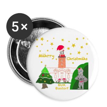Weihnachten, Leuchtturm BUK Bastorf, Kultiger Wolf - Buttons groß 56 mm (5er Pack) - Weiß - Vorne