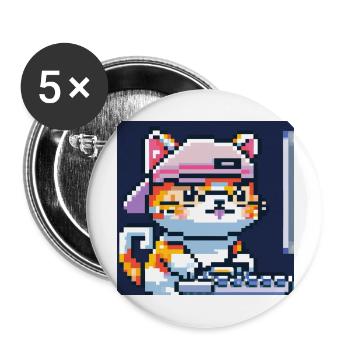 Chat mignon avec une casquette de baseball jouant à des jeux informatiques - Lot de 5 grands badges (56 mm) - blanc - Devant