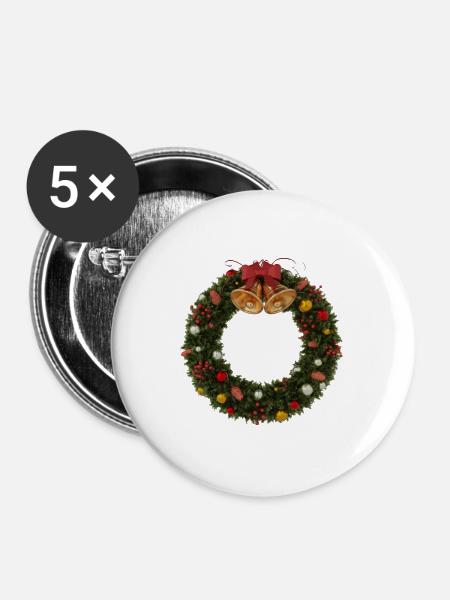 Weihnachtskranz mit Glocken und Schleife - Buttons groß 56 mm (5er Pack) - Weiß