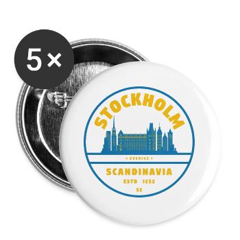 Stockholm Skyline Abzeichen Blau Gelb - Buttons groß 56 mm (5er Pack) - Weiß - Vorne
