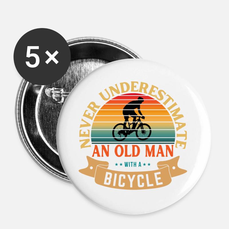 NEVER UNDERESTIMATE AN OLD MAN WITH A BICYCLE - Buttons large 2.2''/56 mm (5-pack) - white